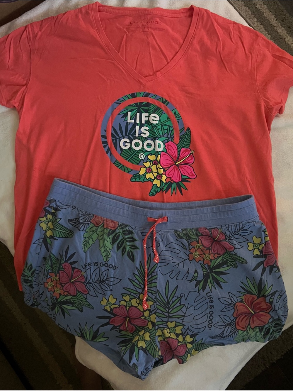 Life Is Good Women's Coral V-Neck Pajama Top with Blue Floral Shorts